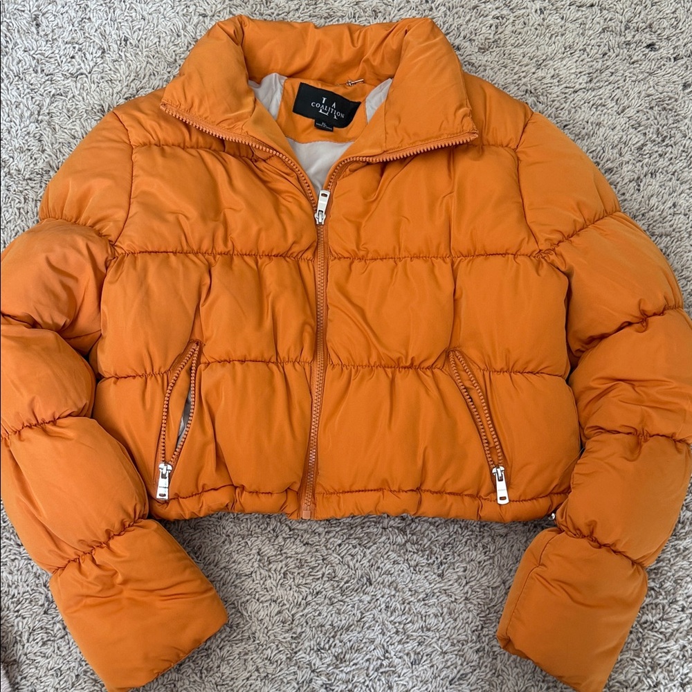 Women’s LA Coalition orange puffer cropped coat jacket sz XL CUTE!